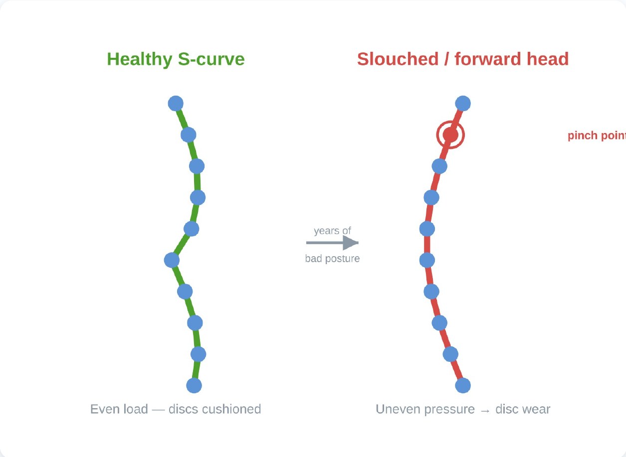 Healthy S-curve spine compared with a slouched, forward-head spine